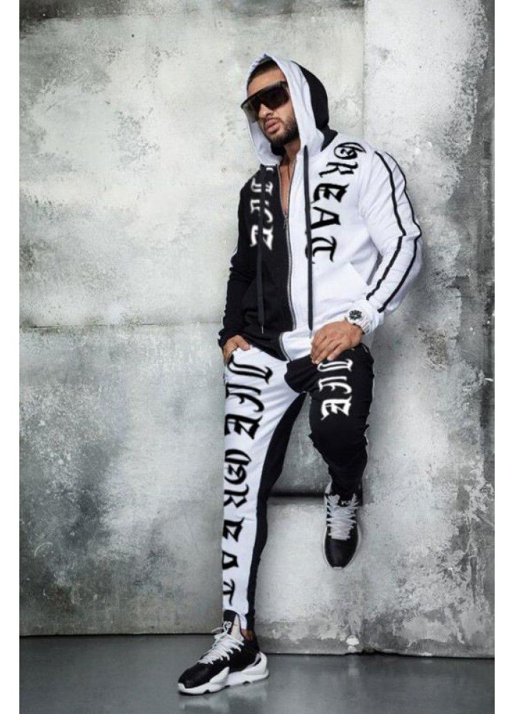 European and American trend sports leisure suit men's color matching trousers hooded zipper coat mextonmen autumn and winter