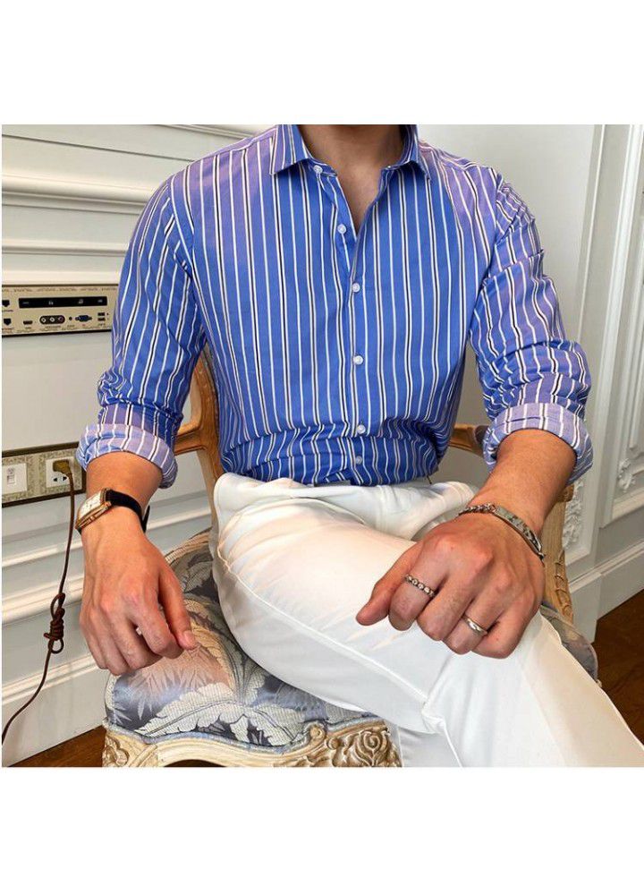 C2221 new men's Lapel long sleeve light business youth retro slim Stripe Shirt Small wholesale customization