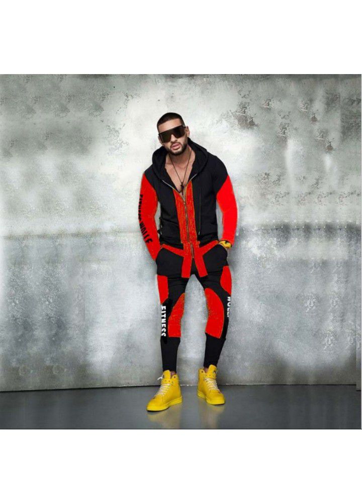 European and American trend sports leisure suit men's color matching trousers hooded zipper coat mextonmen autumn and winter