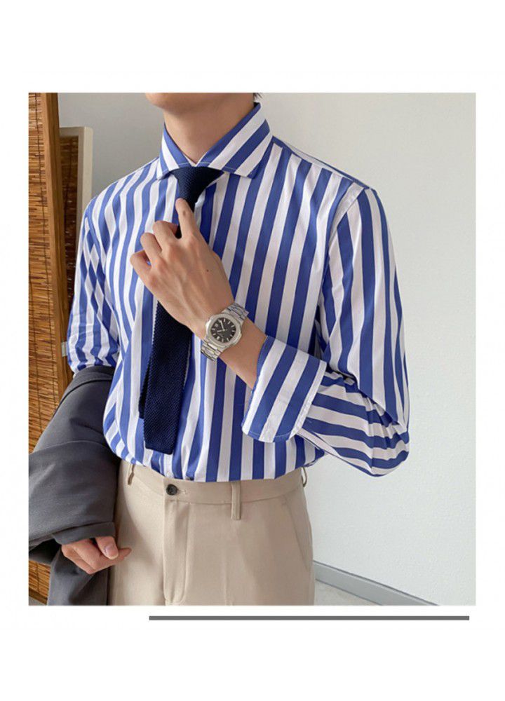 C2232 European and American stripe Windsor collar shirt men's spring and autumn Lapel youth retro slim business long sleeve wholesale