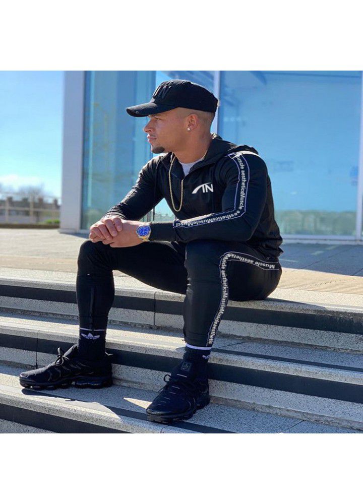 2021 cross border European and American fashion brand long sleeve leisure sports sweater men's zipper shirt hooded fitness suit