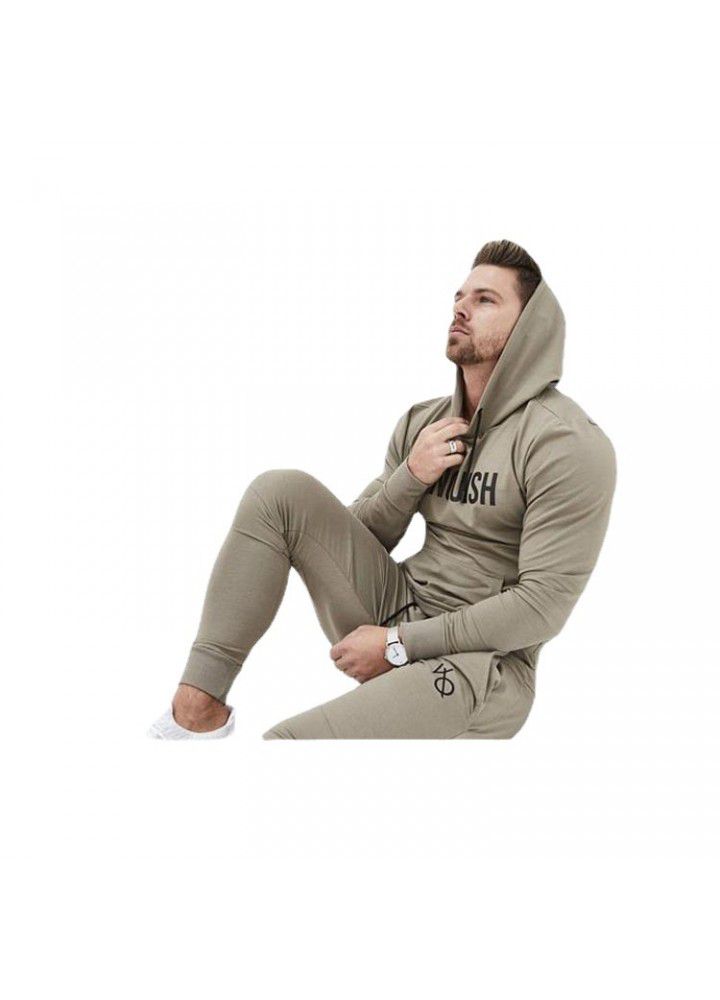 Cross border supply muscle brothers fitness men's sports suit autumn winter hooded Pullover Sweater casual leg pants