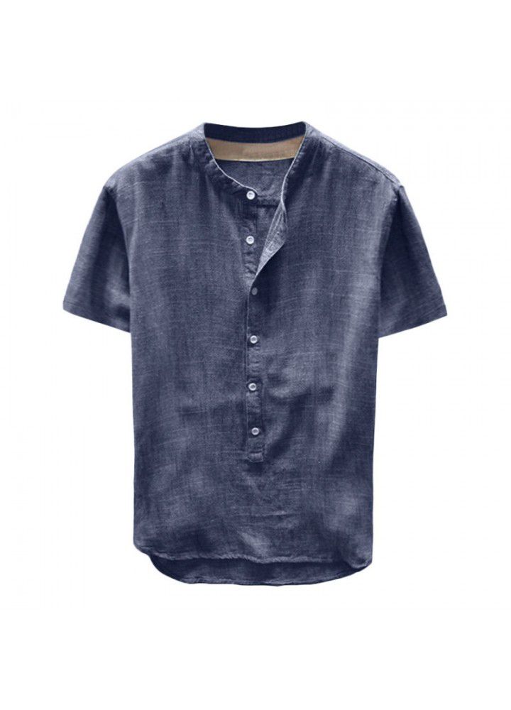 Spot 2019 new men's casual stand collar short sleeve cotton shirt top c107 in Europe and America