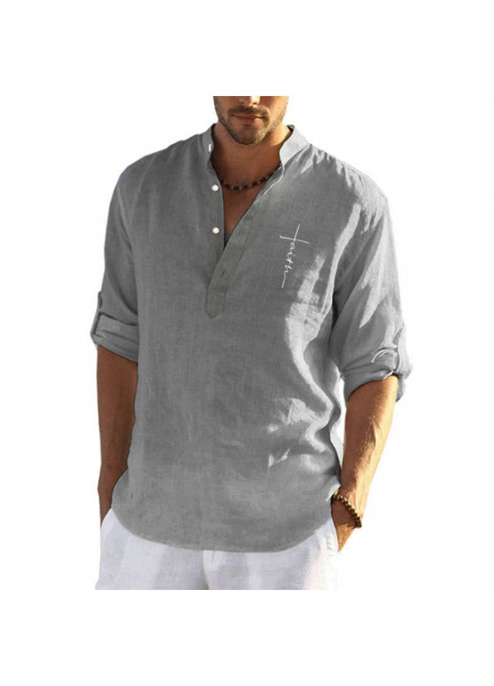 Cross border men's wear autumn 2021 new solid color cotton hemp loose long sleeve shirt fashion stand collar men's casual shirt