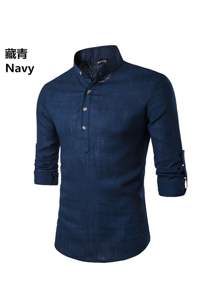 Cross border men's fashion shirt foreign trade long sleeve standing collar linen slim sleeve shirt foreign trade long term goods