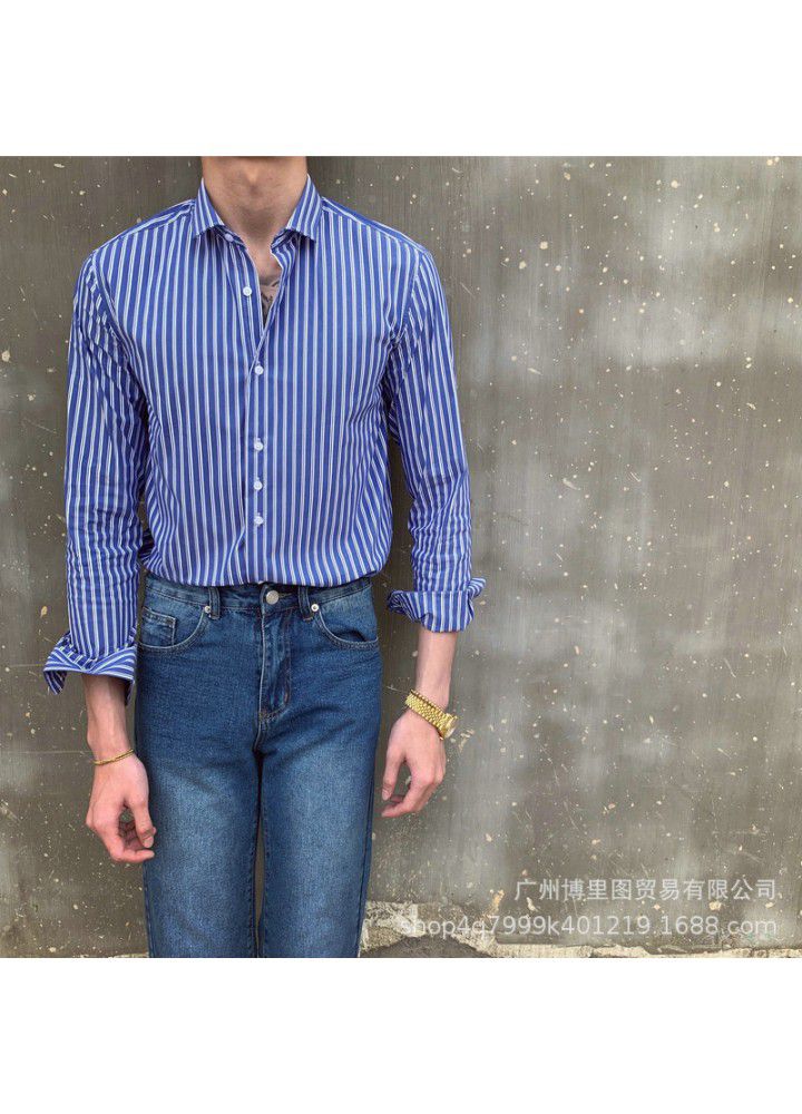 C2213 new European and American men's autumn long sleeve light business Lapel stripe slim retro youth shirt customization