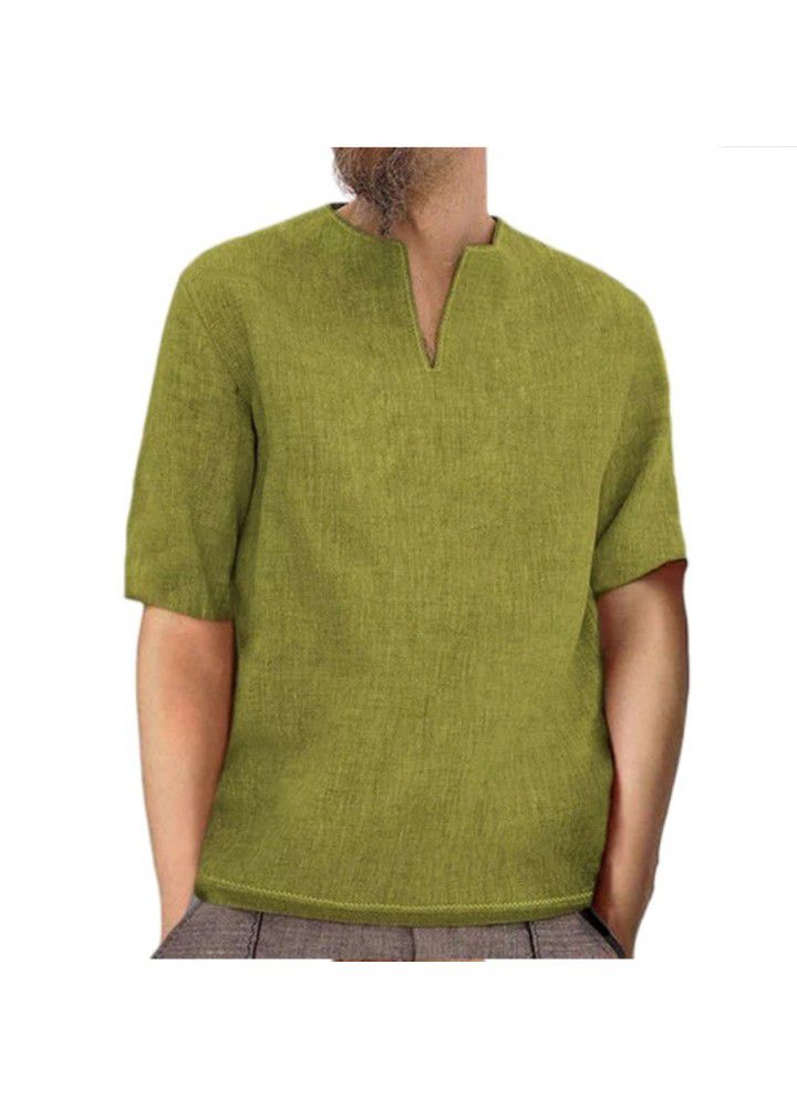 2021 Amazon new foreign trade European and American men's Cotton hemp national style linen solid color V-neck short sleeve top