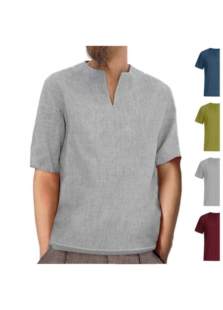 2021 Amazon new foreign trade European and American men's Cotton hemp national style linen solid color V-neck short sleeve top
