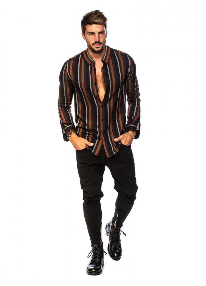 2020 spring and summer new men's striped shirt slim multi color Lapel men's long sleeve shirt