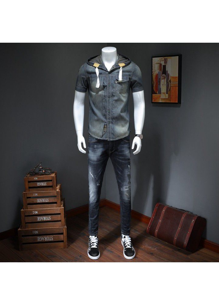 Summer new European and American hooded short sleeve shirt men's fashion boutique denim half sleeve shirt dx1028 / p115