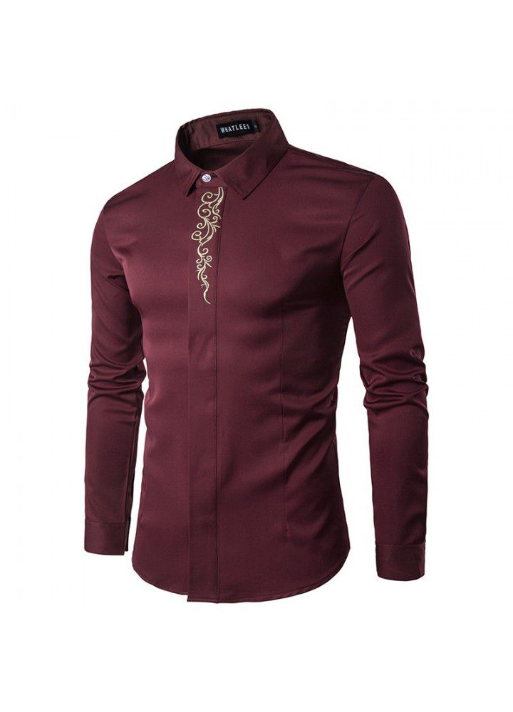 New foreign trade shirts sell quickly autumn European men's neckline embroidery bottoming slim long sleeve shirt