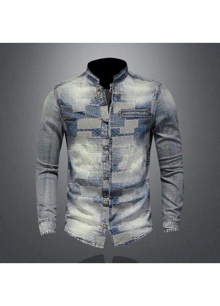 Cross border long term retro color personalized patch denim shirt art floral punk shirt men's w61081