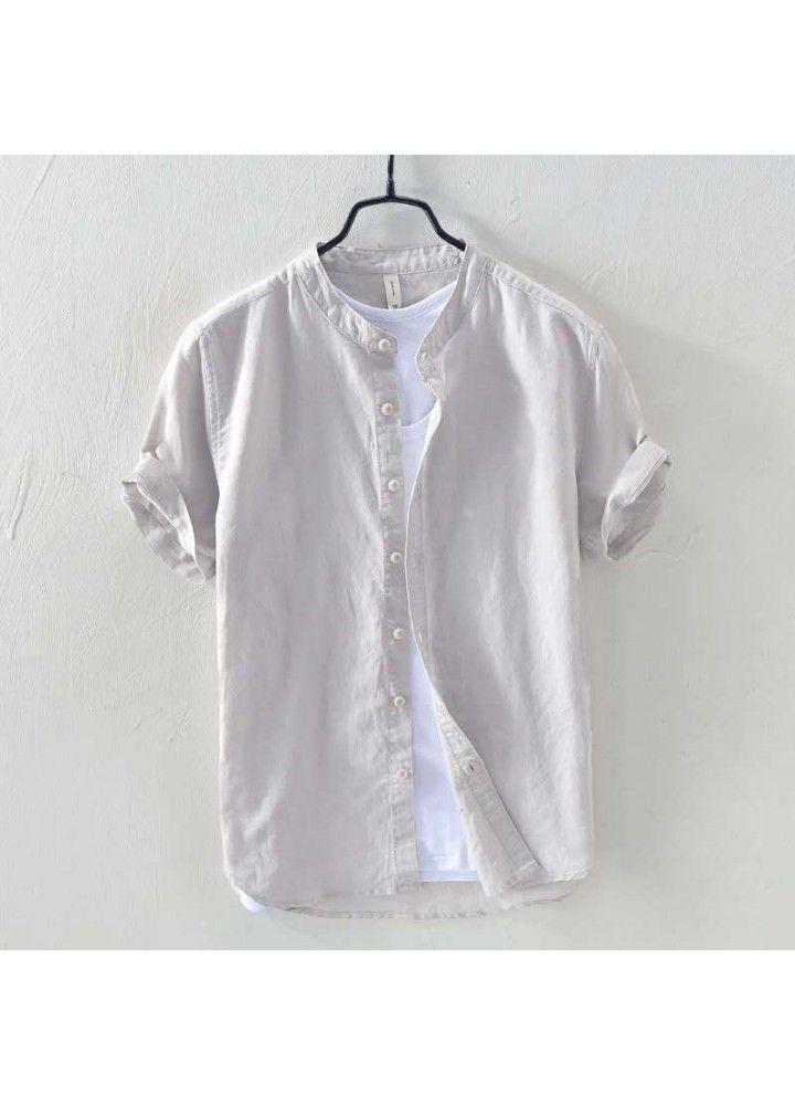 Spot 2021 new men's casual stand collar short sleeve cotton shirt popular in Europe and America
