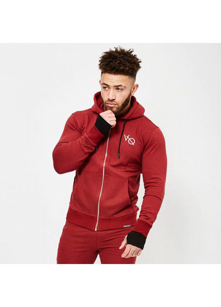 Cross border muscle brothers fitness sports leisure men's zipper Hoodie solid color slim breathable long sleeve coat