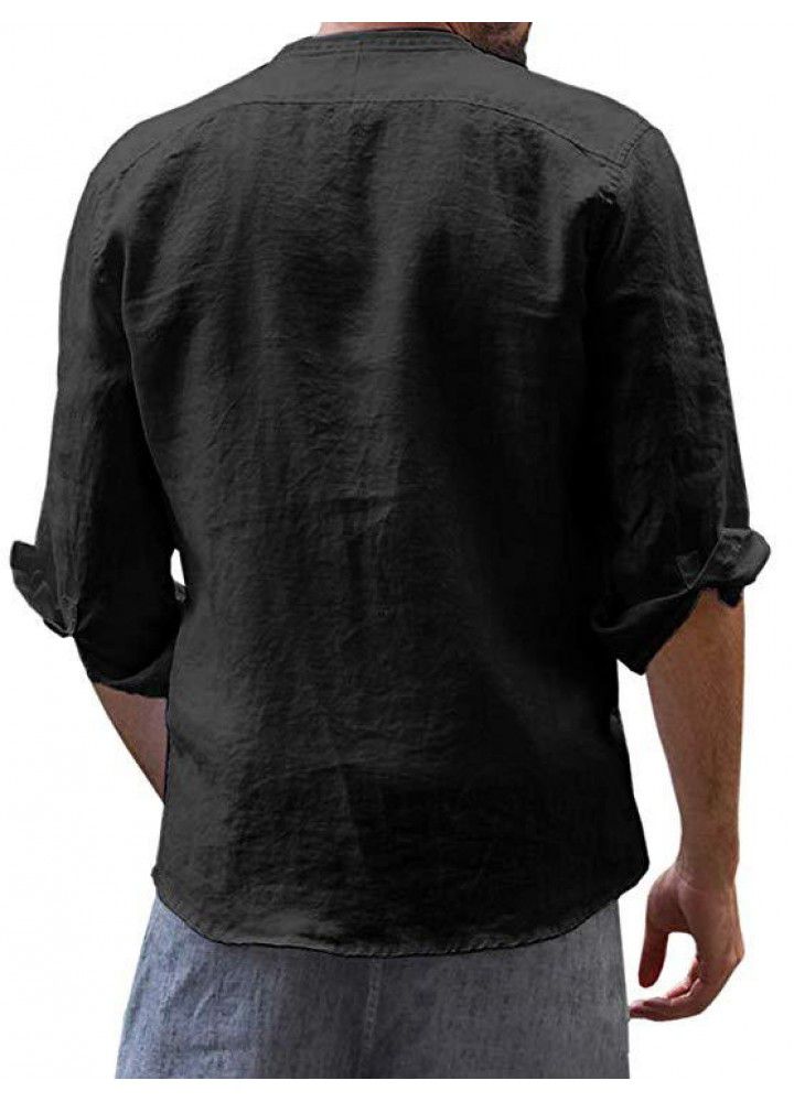 New foreign trade men's casual cotton and linen long sleeve shirt small stand collar casual open button shirt in autumn and winter of 2019