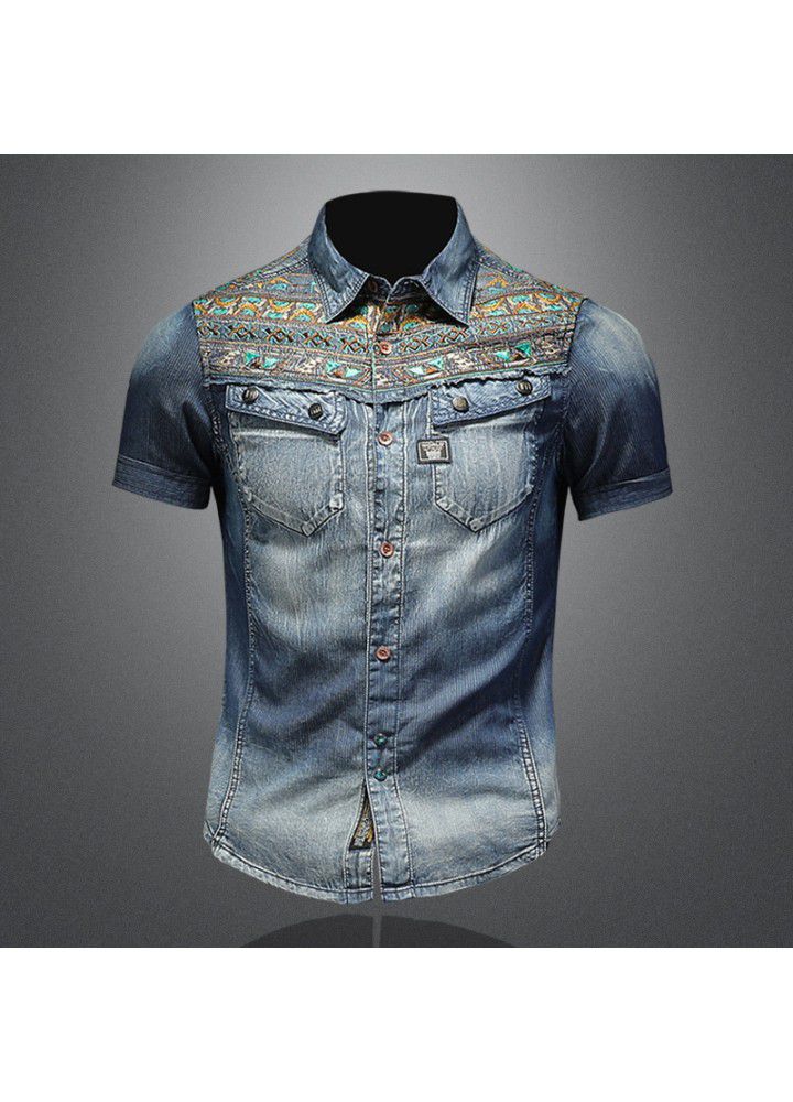 New Retro National Summer Fashion Embroidered Denim Shirt trendy men's slim wash denim shirt 15150