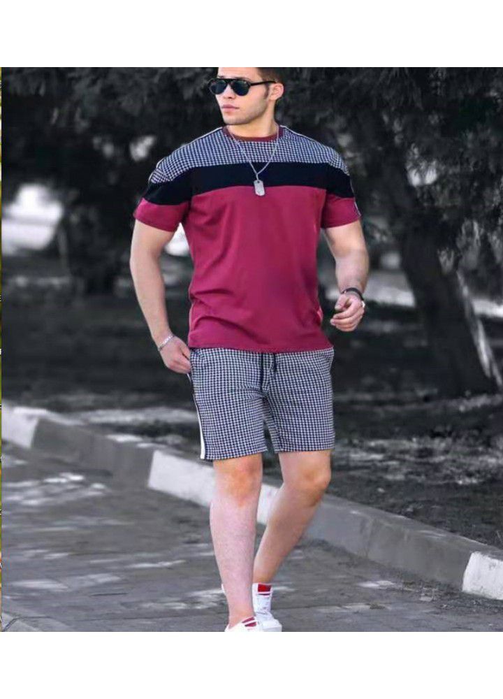 2021 new men's leisure trend splicing suit leisure sports two piece suit