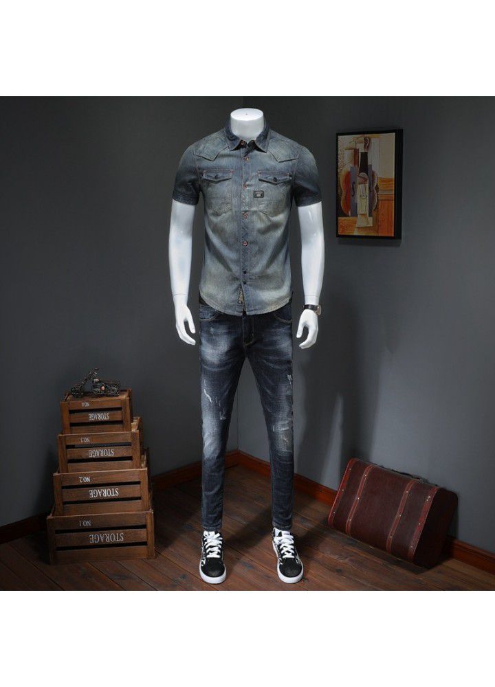 19 new high quality Denim Short Sleeve Shannan high quality washed Vintage denim shirt Qiantang building