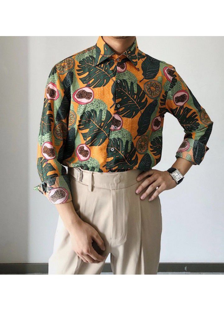 C2231 new wish spring autumn retro printed wide soft comfortable cotton youth Lapel men's casual shirt