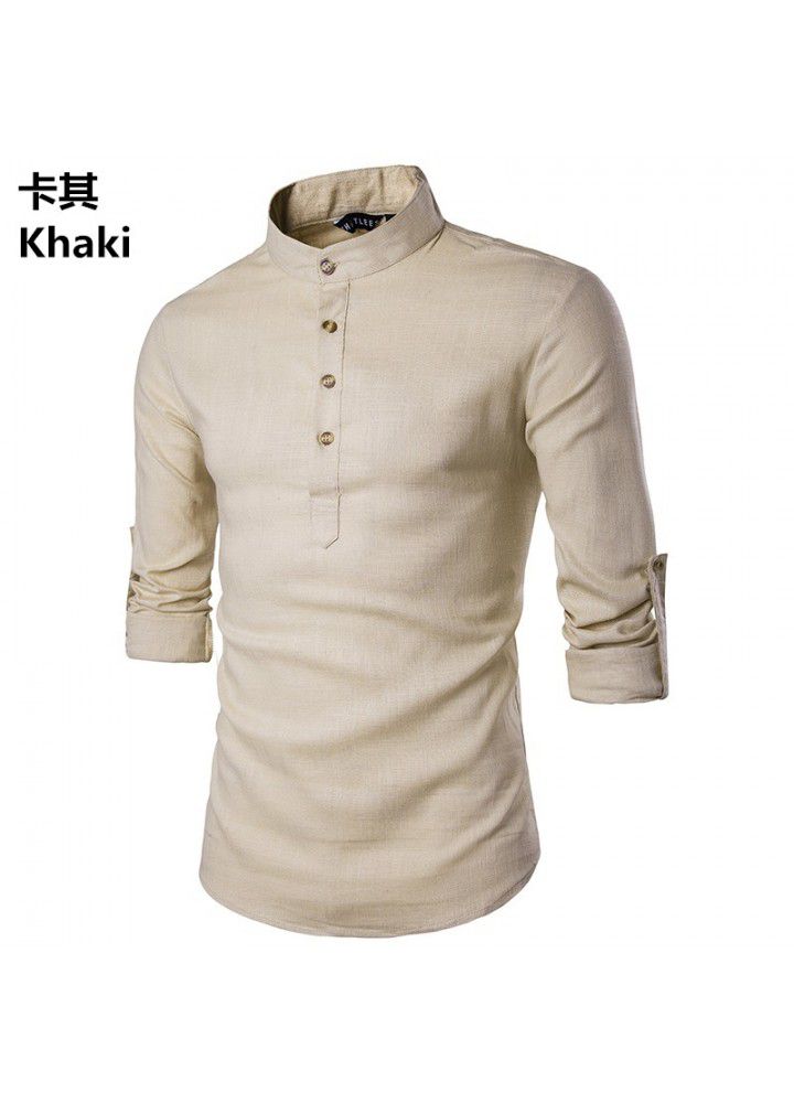Cross border men's fashion shirt foreign trade long sleeve standing collar linen slim sleeve shirt foreign trade long term goods