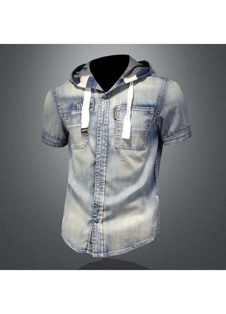 European style summer trend men's short sleeve hooded jeans casual shirt retro slim handsome casual 15145