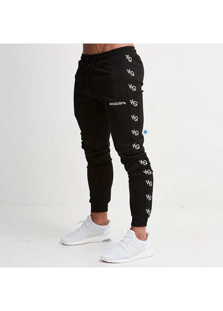 Cross border for muscle brothers sports fitness men's print zipper casual Leggings autumn and winter slim stretch pants