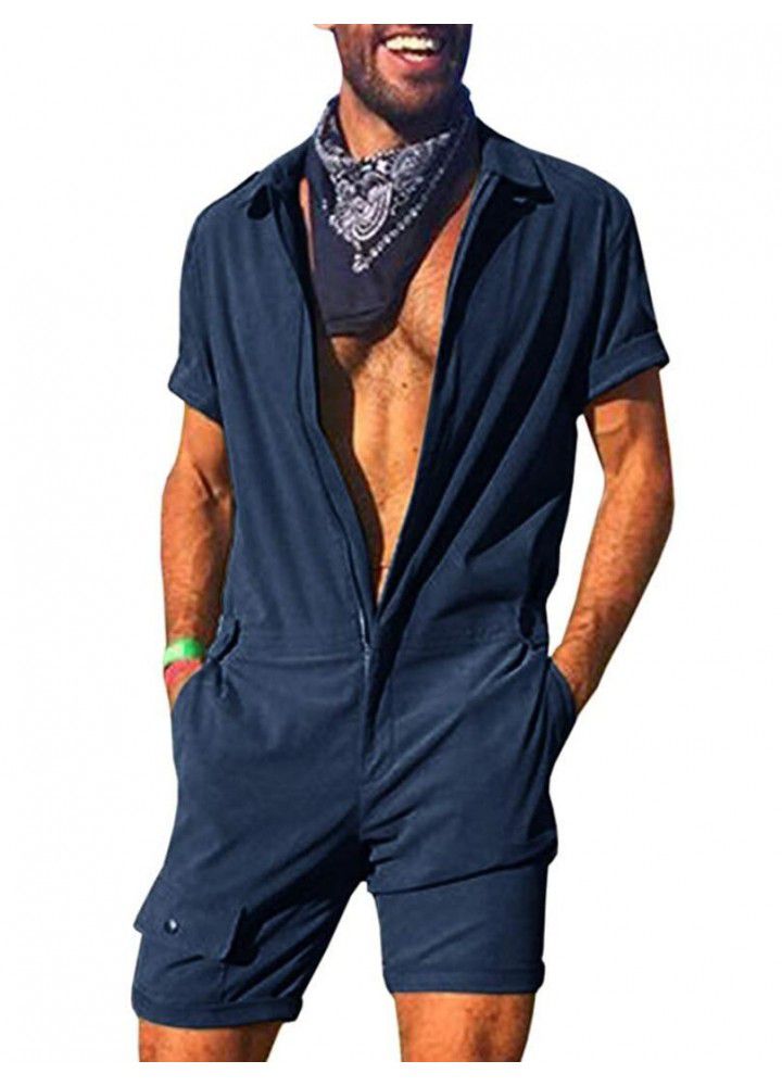 Summer foreign trade cross border men's Jumpsuit zipper access woven tooling