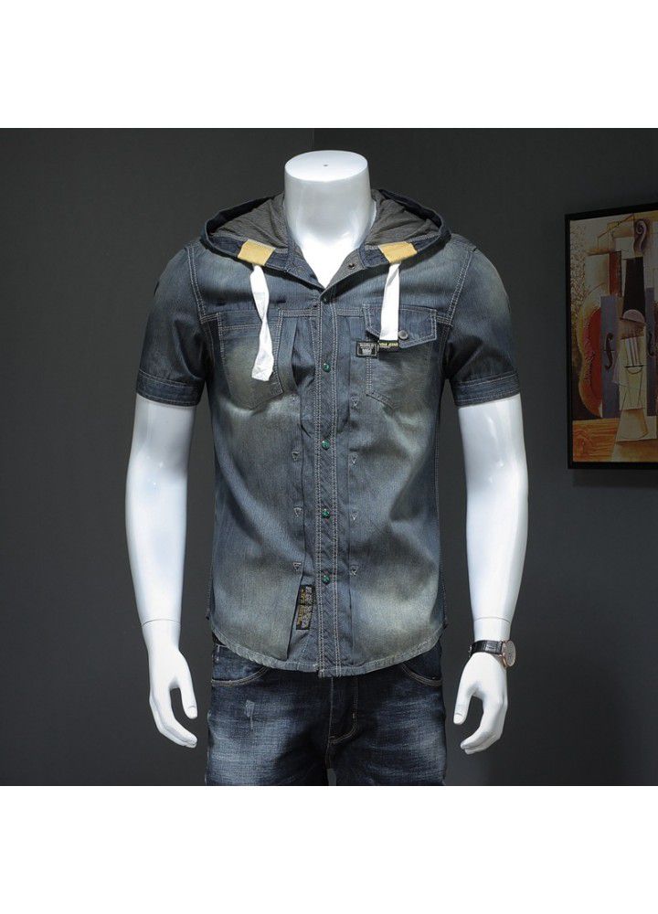 Summer new European and American hooded short sleeve shirt men's fashion boutique denim half sleeve shirt dx1028 / p115