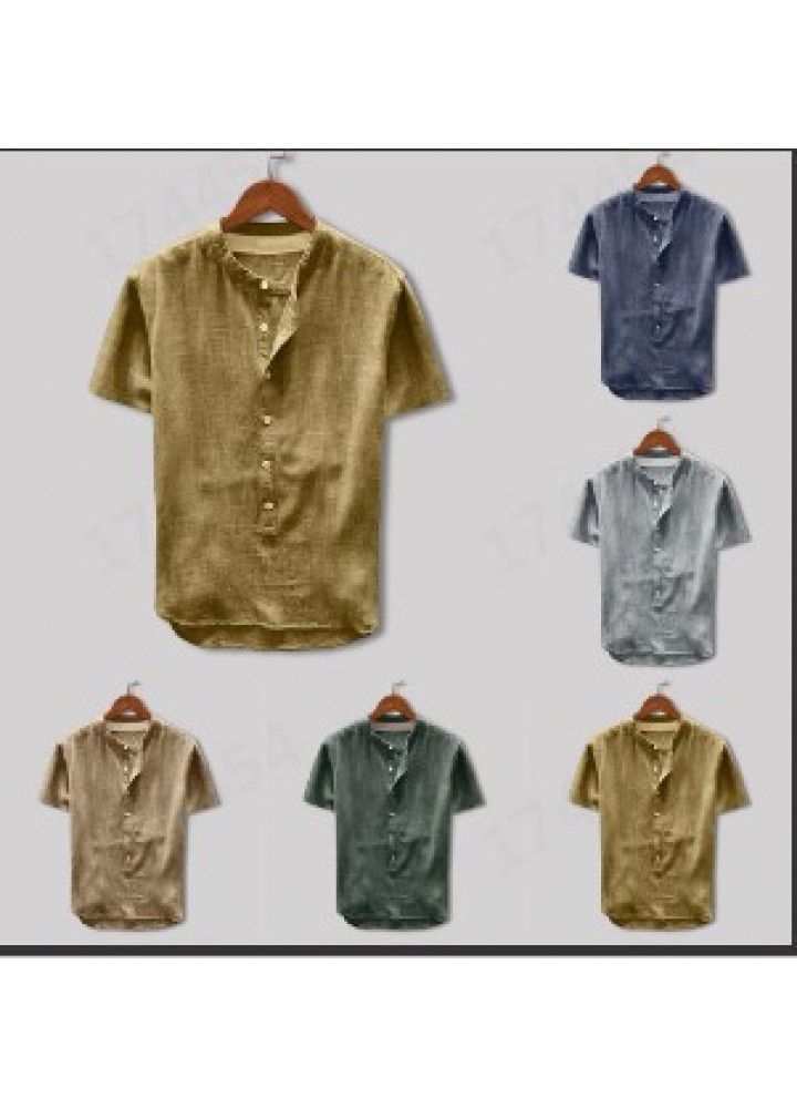 Spot 2019 new men's casual stand collar short sleeve cotton shirt top c107 in Europe and America