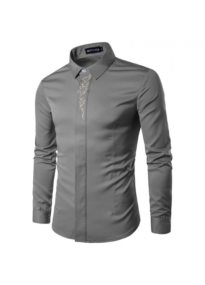 New foreign trade shirts sell quickly autumn European men's neckline embroidery bottoming slim long sleeve shirt