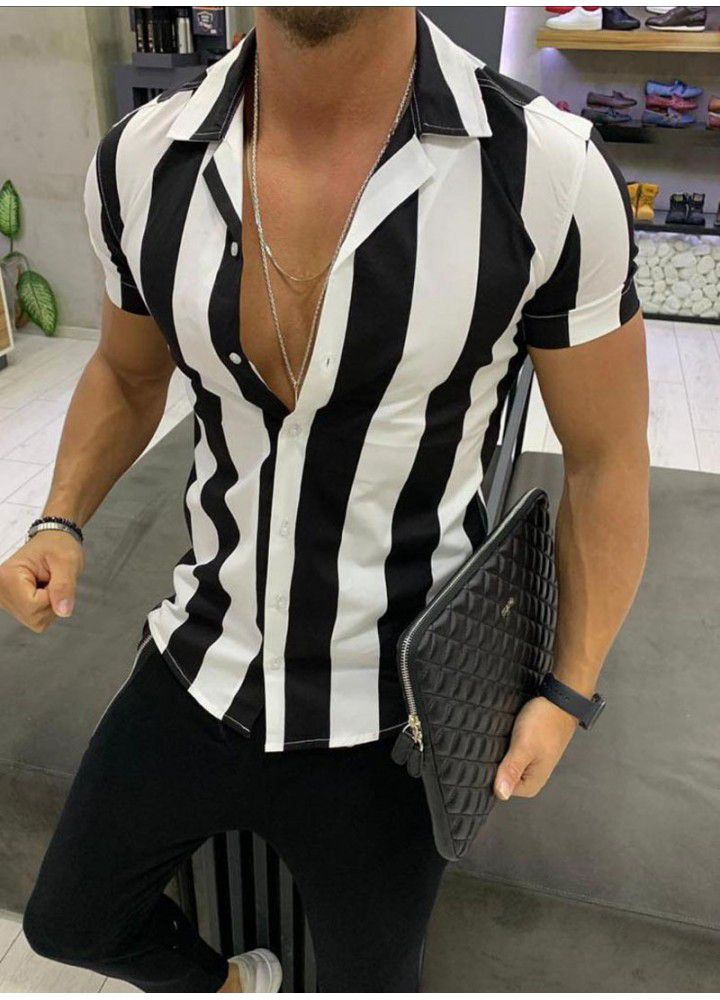 Hot men's shirt in summer 2019 men's short sleeve mercerized cotton stripe color matching Slim Fit Shirt Men's Short Sleeve Shirt