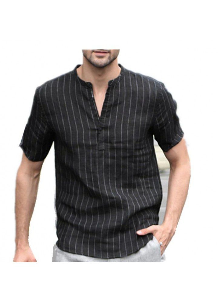 2020 fast sell hot summer new hemp cotton stripe short sleeve men's fashion casual stand collar pullover shirt