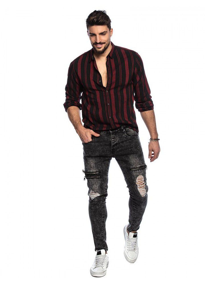 2020 spring and summer new men's striped shirt slim multi color Lapel men's long sleeve shirt