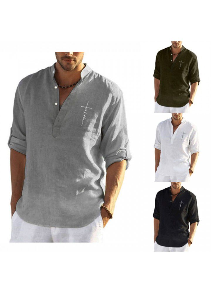 Cross border men's wear autumn 2021 new solid color cotton hemp loose long sleeve shirt fashion stand collar men's casual shirt