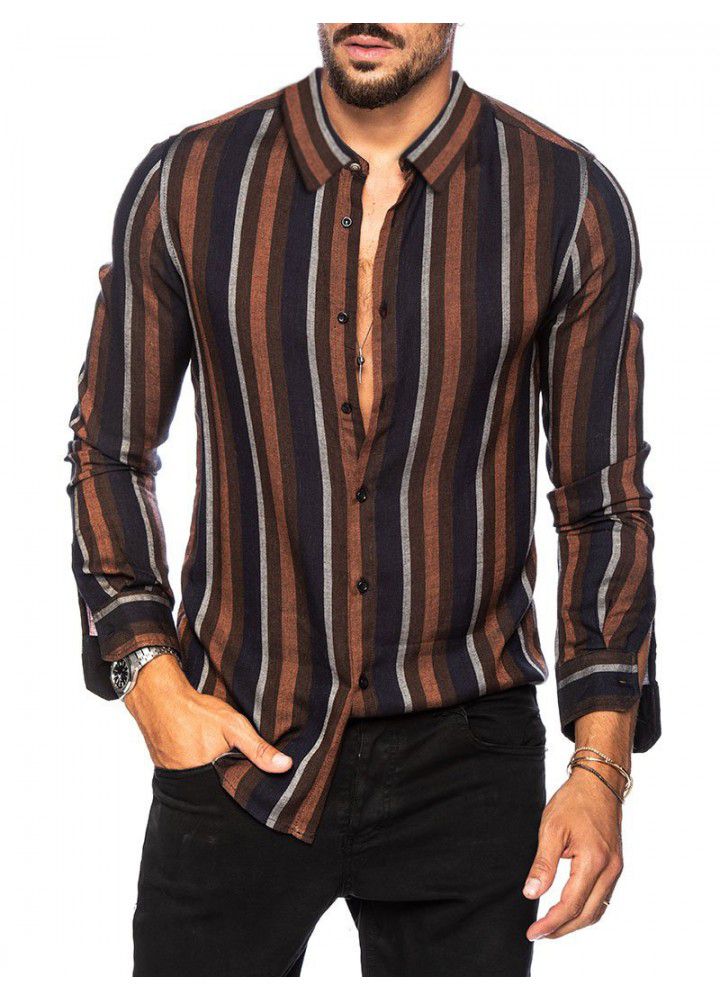 2020 spring and summer new men's striped shirt slim multi color Lapel men's long sleeve shirt