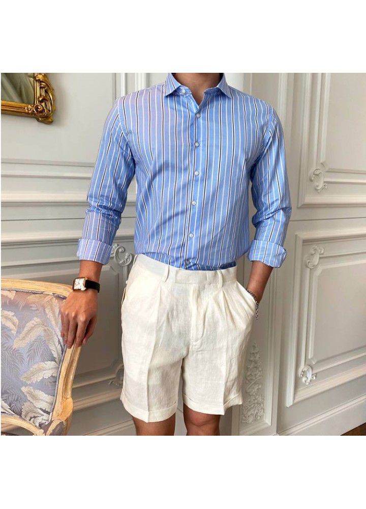 C2221 new men's Lapel long sleeve light business youth retro slim Stripe Shirt Small wholesale customization