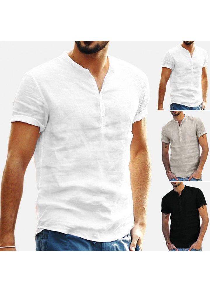 2020 new cross border men's stand collar cotton linen short sleeve shirt Amazon wish popular shirt