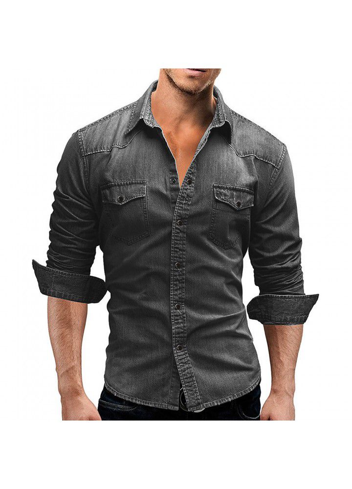European and American men's double pocket men's casual long sleeve denim shirt 3011