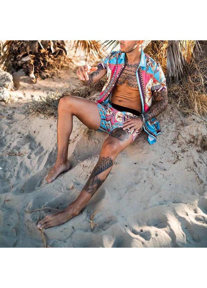 Summer 2021 Amazon cross border beach style loose shirt Hawaiian casual suit men's print two piece set