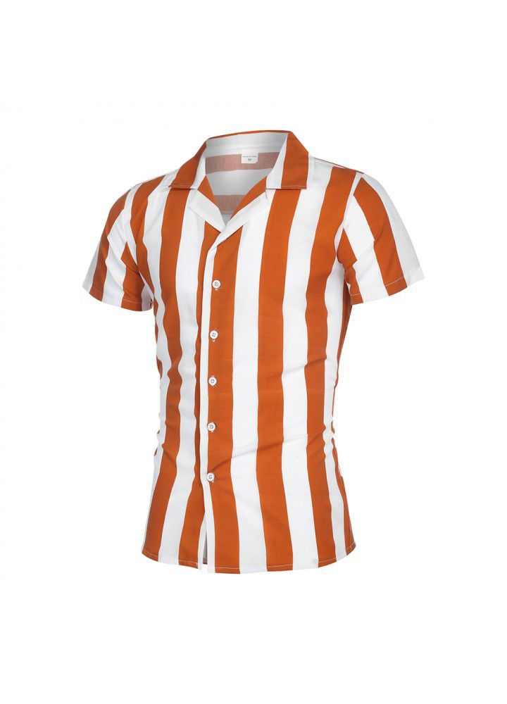 Hot men's shirt in summer 2019 men's short sleeve mercerized cotton stripe color matching Slim Fit Shirt Men's Short Sleeve Shirt