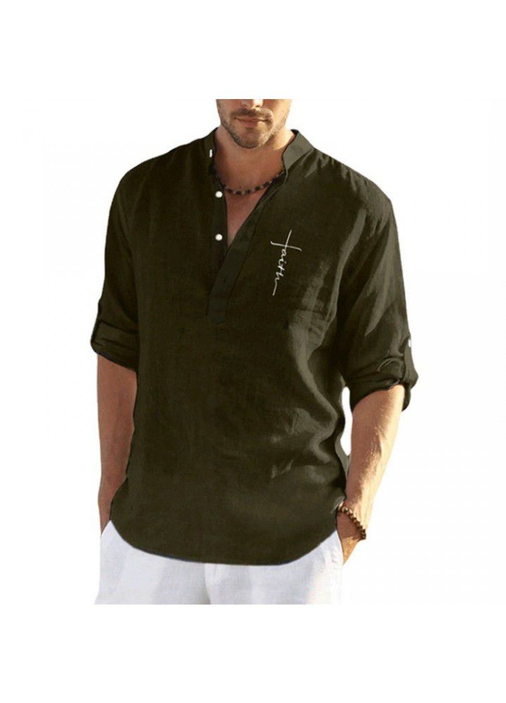 Cross border men's wear autumn 2021 new solid color cotton hemp loose long sleeve shirt fashion stand collar men's casual shirt