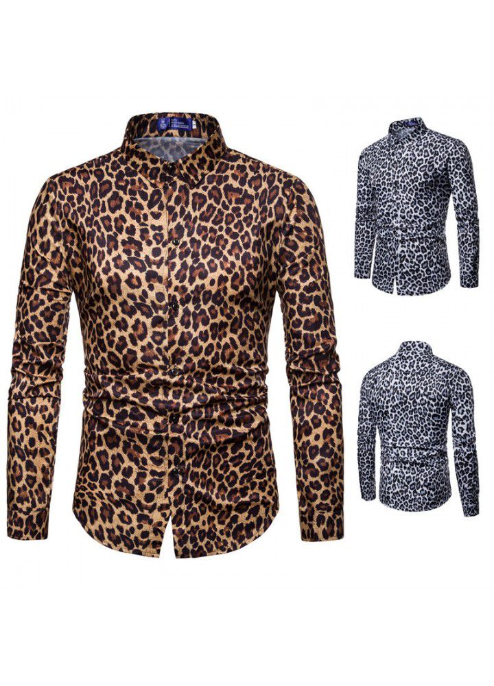 Foreign trade men's shirt 2018 new express nightclub leopard print casual digital print slim long sleeve shirt men's shirt