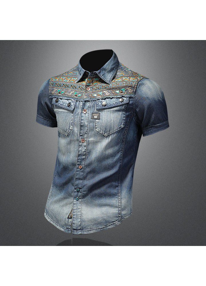 New Retro National Summer Fashion Embroidered Denim Shirt trendy men's slim wash denim shirt 15150