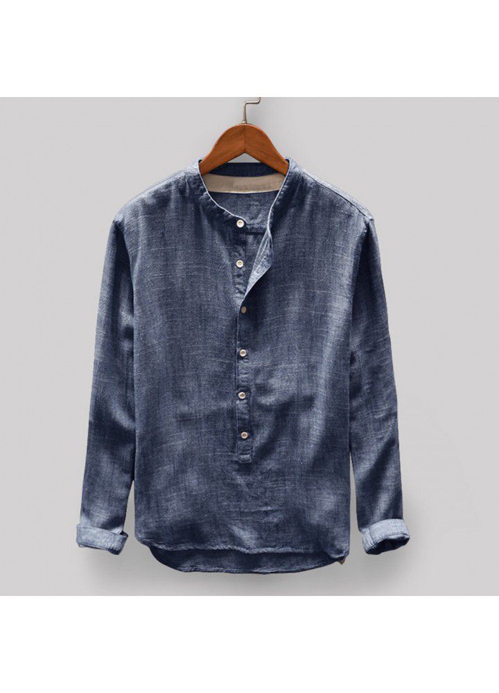 Spot 2019 new men's casual stand collar long sleeve cotton shirt C102 top in Europe and America