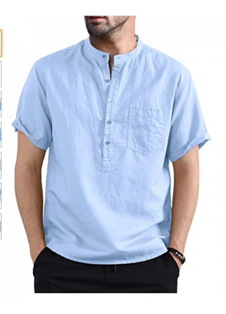 Spot 2021 new men's casual stand collar short sleeve cotton shirt popular in Europe and America
