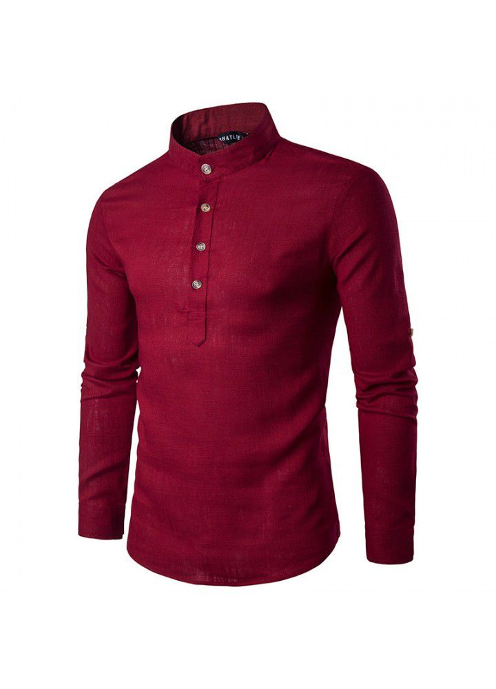 Cross border men's fashion shirt foreign trade long sleeve standing collar linen slim sleeve shirt foreign trade long term goods