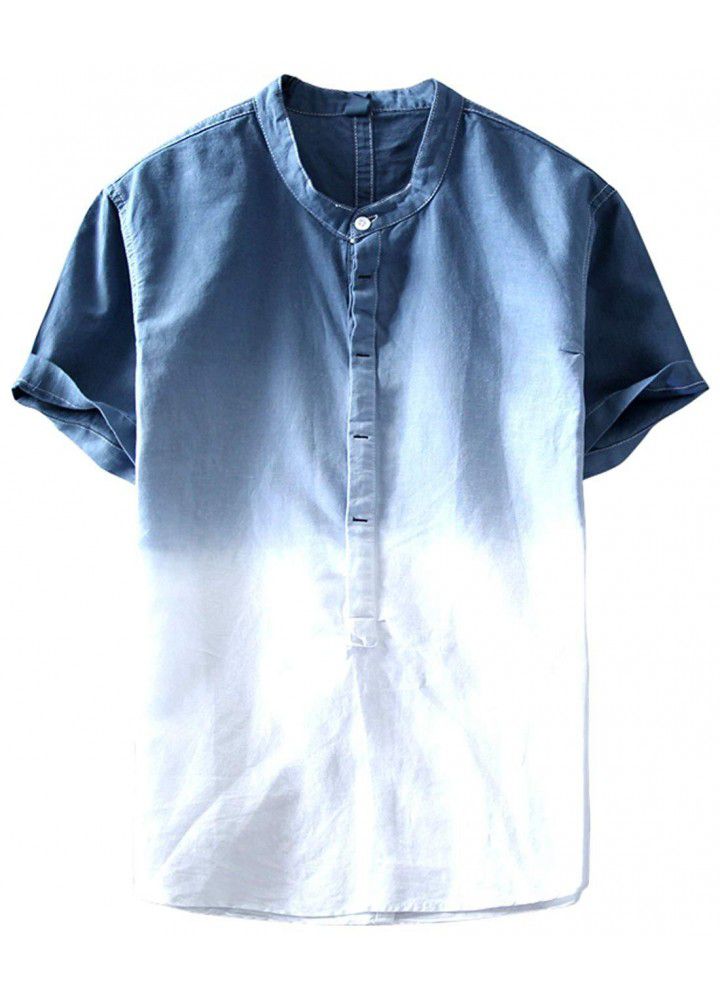 2019 foreign trade hot sales European and American fashion shirt slim digital gradient printing half cardigan cotton linen short sleeve shirt men's shirt