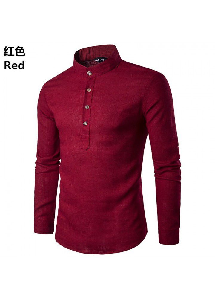 Cross border men's fashion shirt foreign trade long sleeve standing collar linen slim sleeve shirt foreign trade long term goods