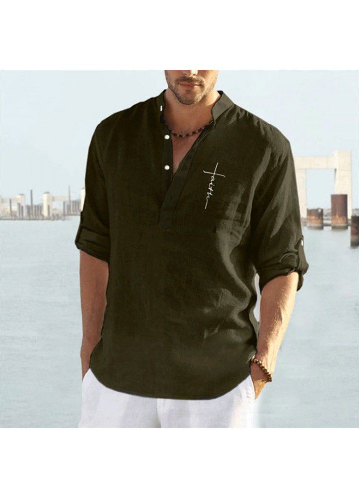 Cross border men's wear autumn 2021 new solid color cotton hemp loose long sleeve shirt fashion stand collar men's casual shirt