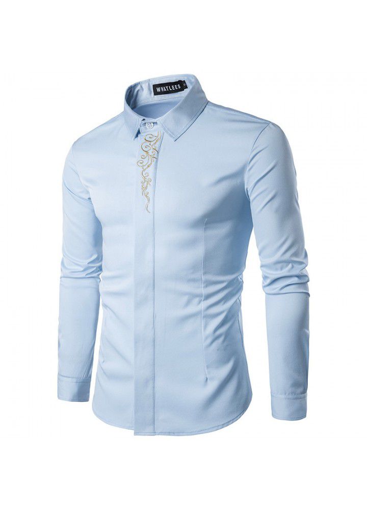 New foreign trade shirts sell quickly autumn European men's neckline embroidery bottoming slim long sleeve shirt